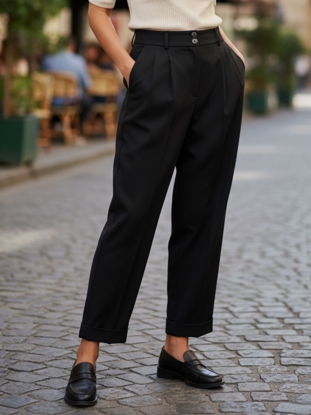Club Monaco Pleat Front Cropped Pants with tailored wide-leg cut and wide cuff.
